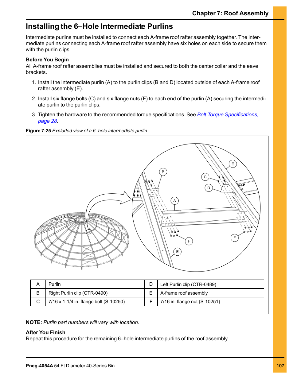 Installing the 6–hole intermediate purlins, Chapter 7: roof assembly | Grain Systems Tanks PNEG-4054A User Manual | Page 107 / 164