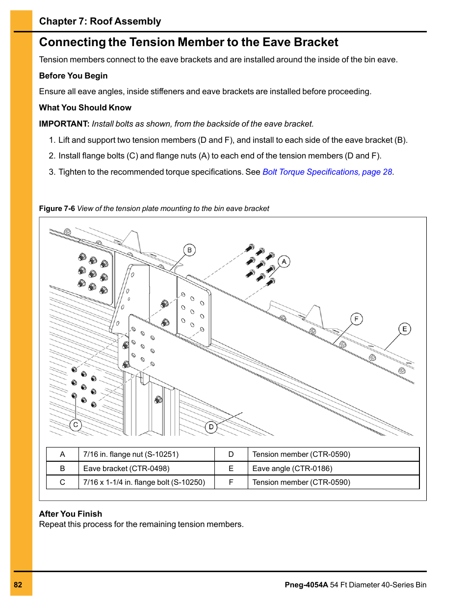 Connecting the tension member to the eave bracket, Chapter 7: roof assembly | Grain Systems Tanks PNEG-4054A User Manual | Page 82 / 164