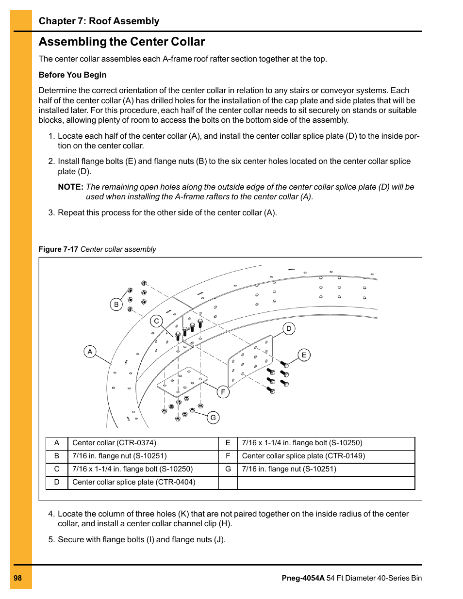 Assembling the center collar, Chapter 7: roof assembly | Grain Systems Tanks PNEG-4054A User Manual | Page 98 / 164