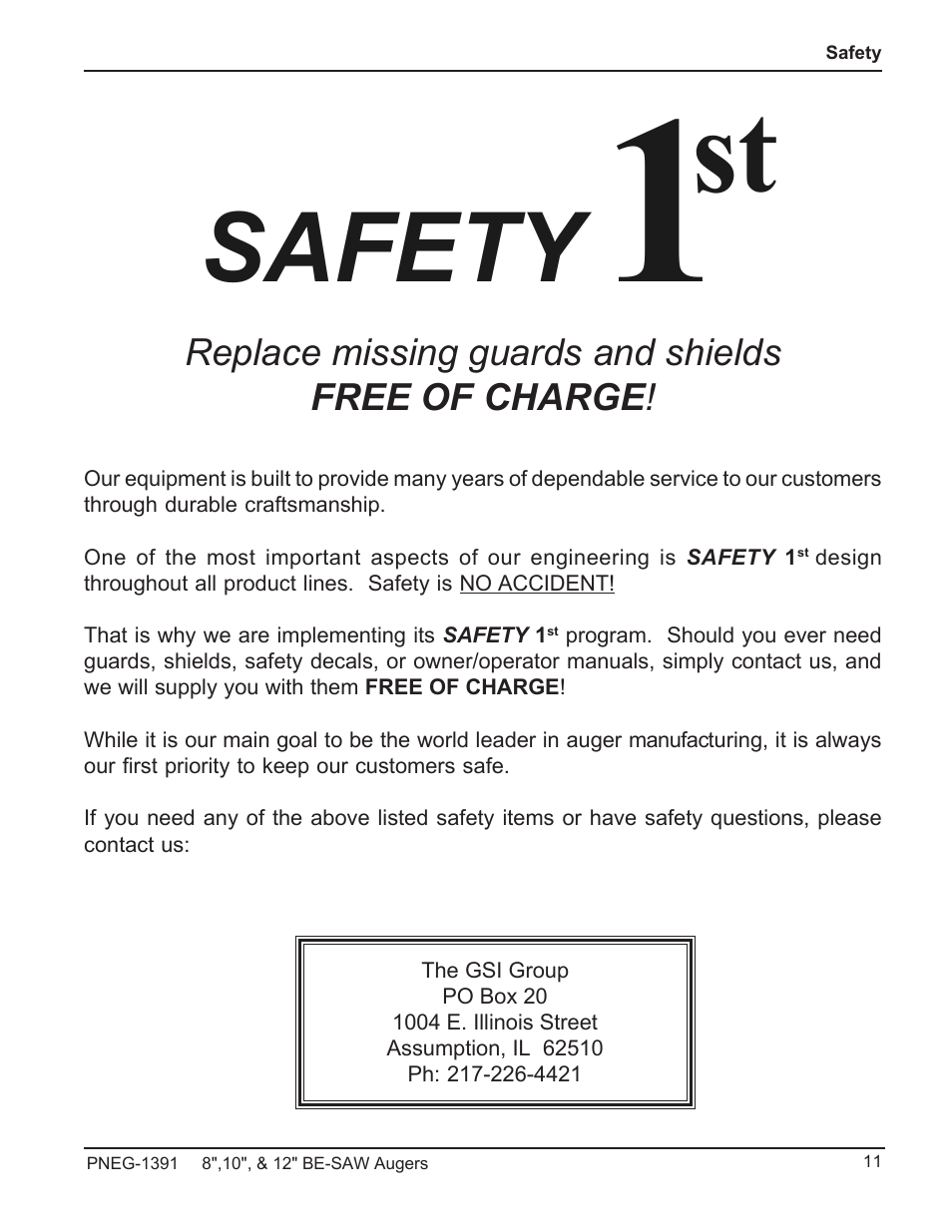 Safety | Grain Systems Bucket Elevtors, Conveyors, Series II Sweeps PNEG-1391 User Manual | Page 11 / 56