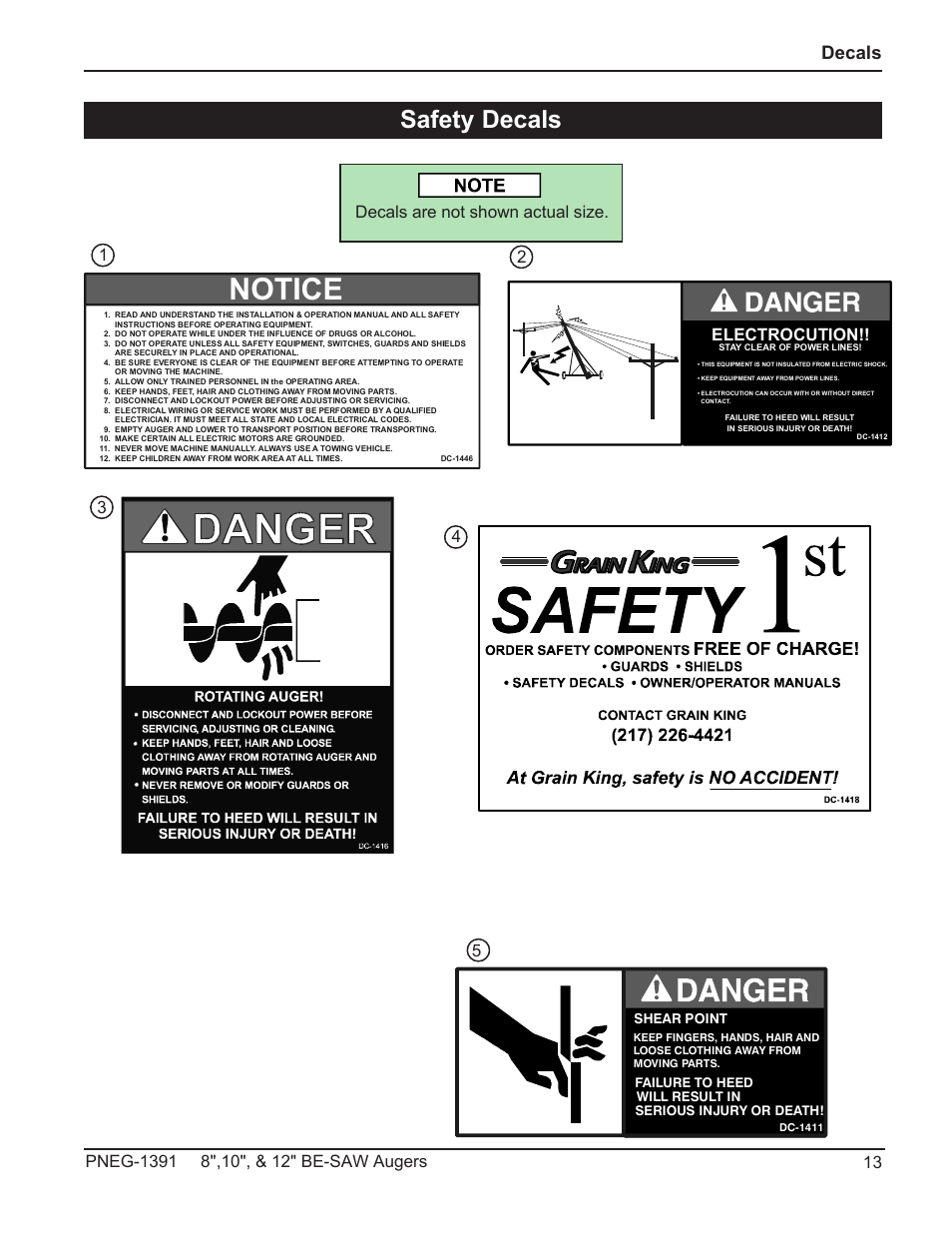 Notice, Safety decals, Decals | Grain Systems Bucket Elevtors, Conveyors, Series II Sweeps PNEG-1391 User Manual | Page 13 / 56