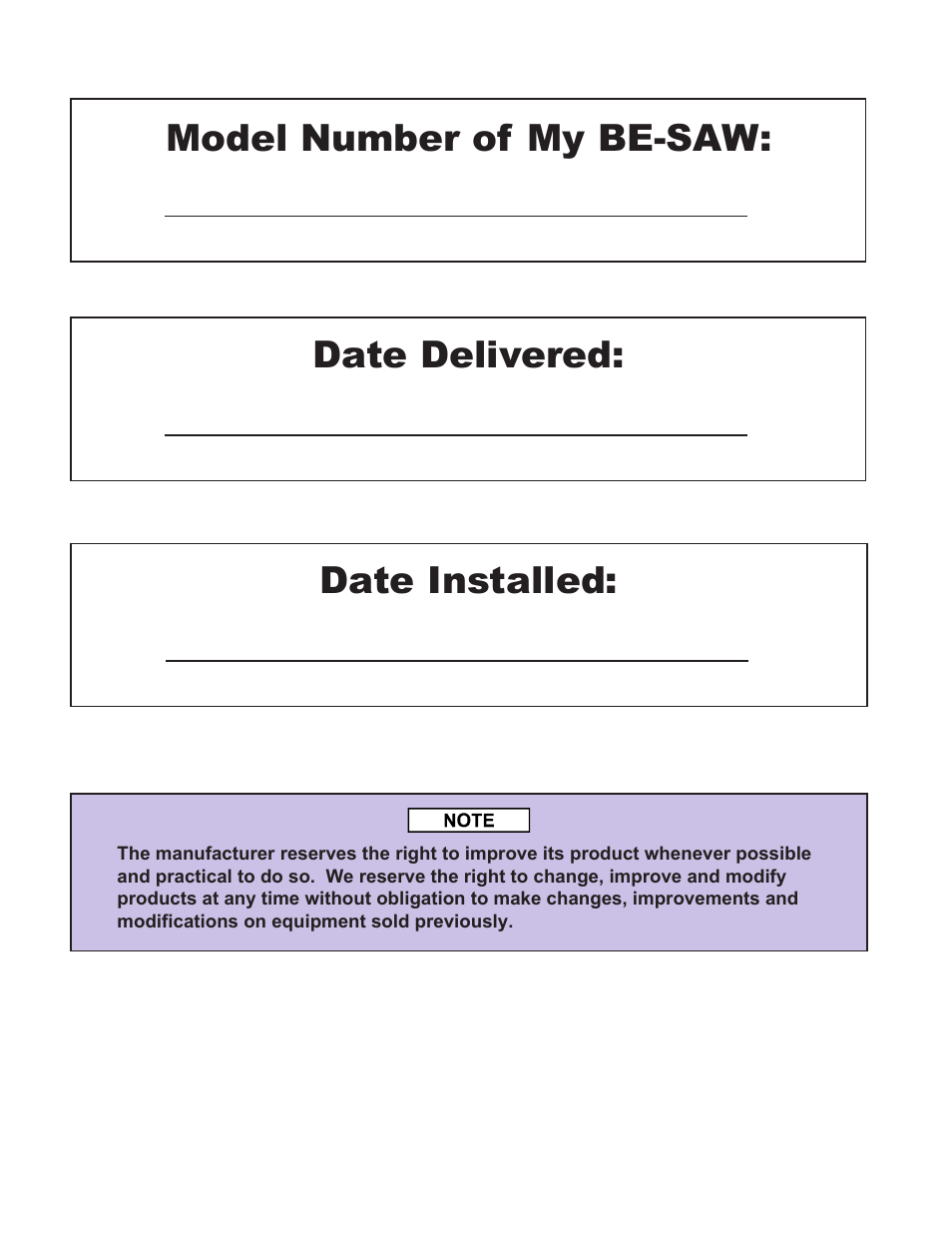 Model number of my be-saw, Date delivered: date installed | Grain Systems Bucket Elevtors, Conveyors, Series II Sweeps PNEG-1391 User Manual | Page 2 / 56