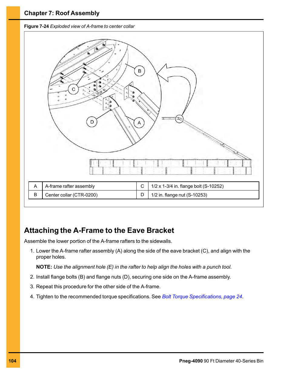 Attaching the a-frame to the eave bracket, Chapter 7: roof assembly | Grain Systems Tanks PNEG-4090 User Manual | Page 104 / 168