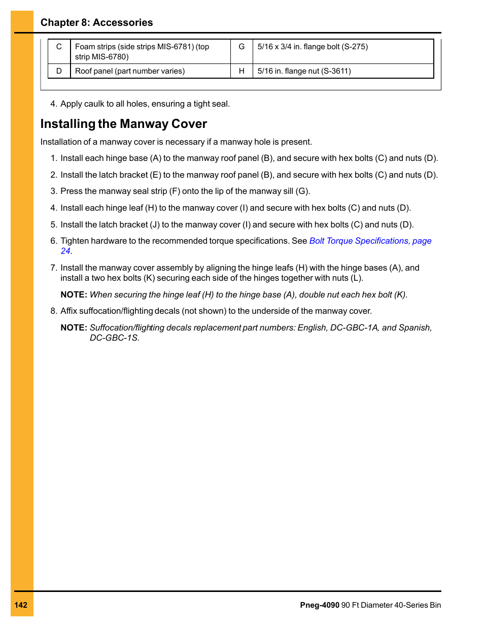 Installing the manway cover | Grain Systems Tanks PNEG-4090 User Manual | Page 142 / 168