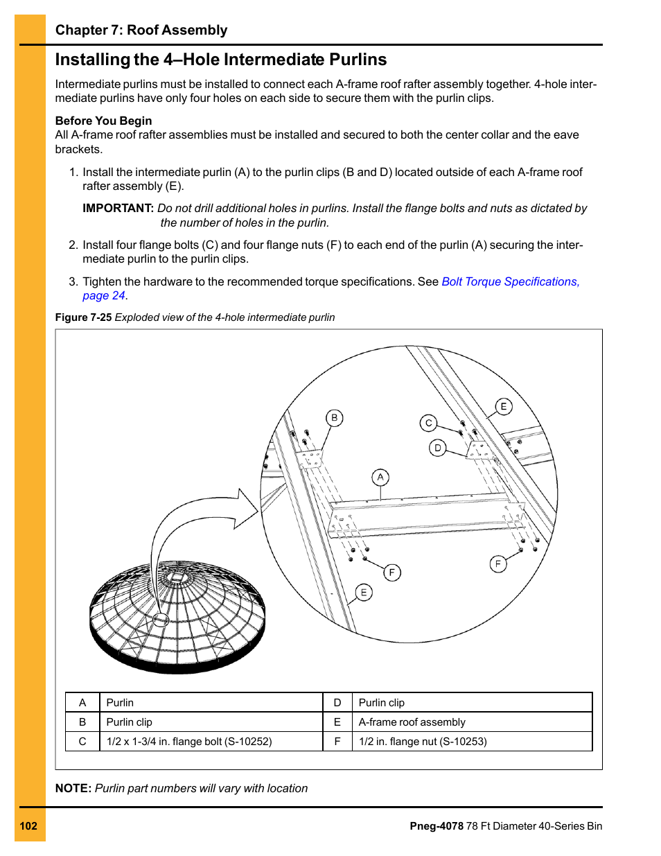 Installing the 4–hole intermediate purlins, Chapter 7: roof assembly | Grain Systems Tanks PNEG-4078 User Manual | Page 102 / 162