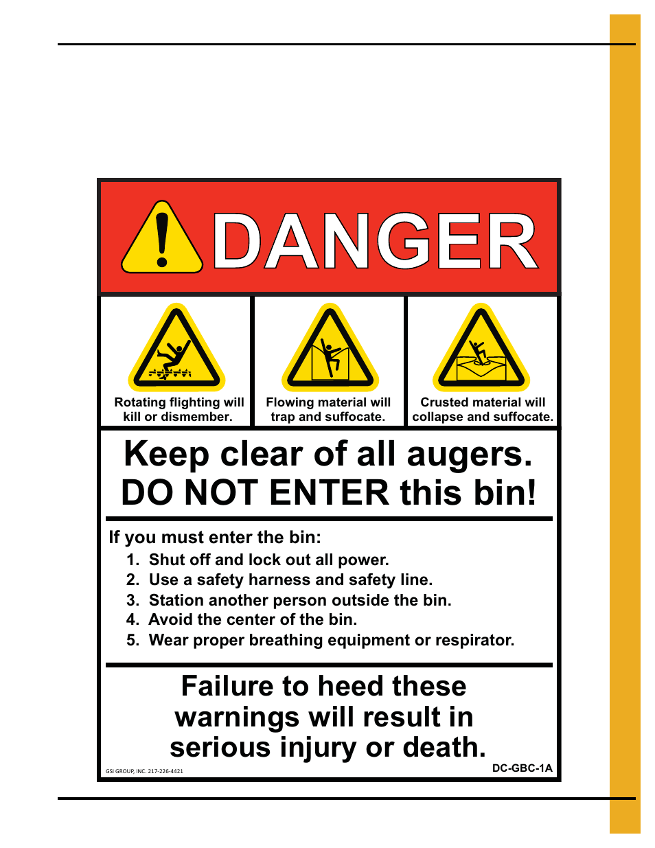 Danger, Keep clear of all augers. do not enter this bin | Grain Systems Tanks PNEG-4021 User Manual | Page 11 / 96