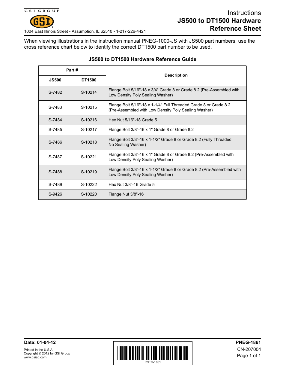 Grain Systems Tanks PNEG-1861 User Manual | 1 page