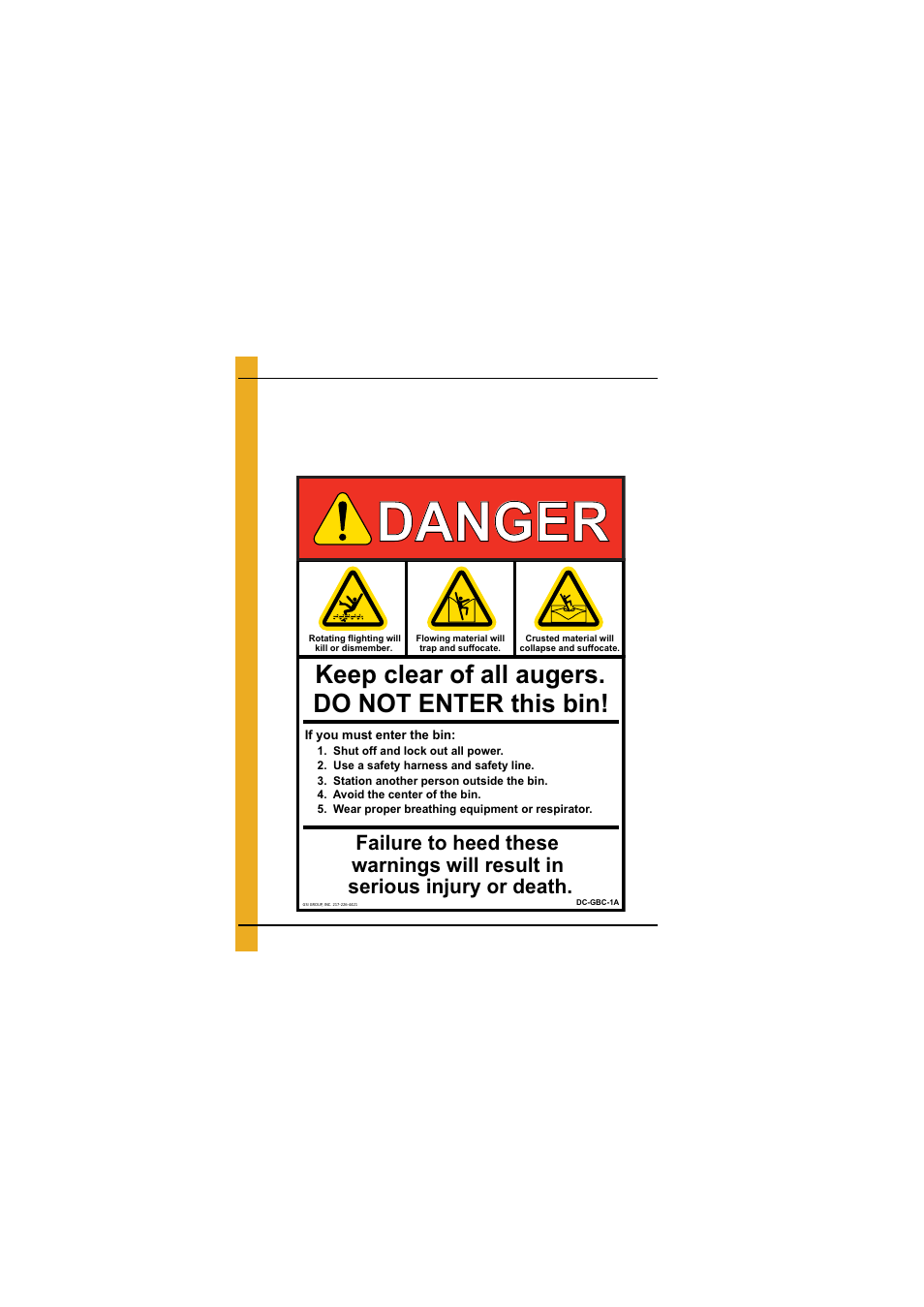 Danger, Keep clear of all augers. do not enter this bin | Grain Systems Bin Flooring PNEG-1829 User Manual | Page 12 / 50