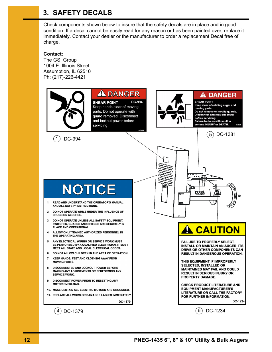 Safety decals | Grain Systems Custom, Utility and Bulk Tank Augers PNEG-1435 User Manual | Page 12 / 52