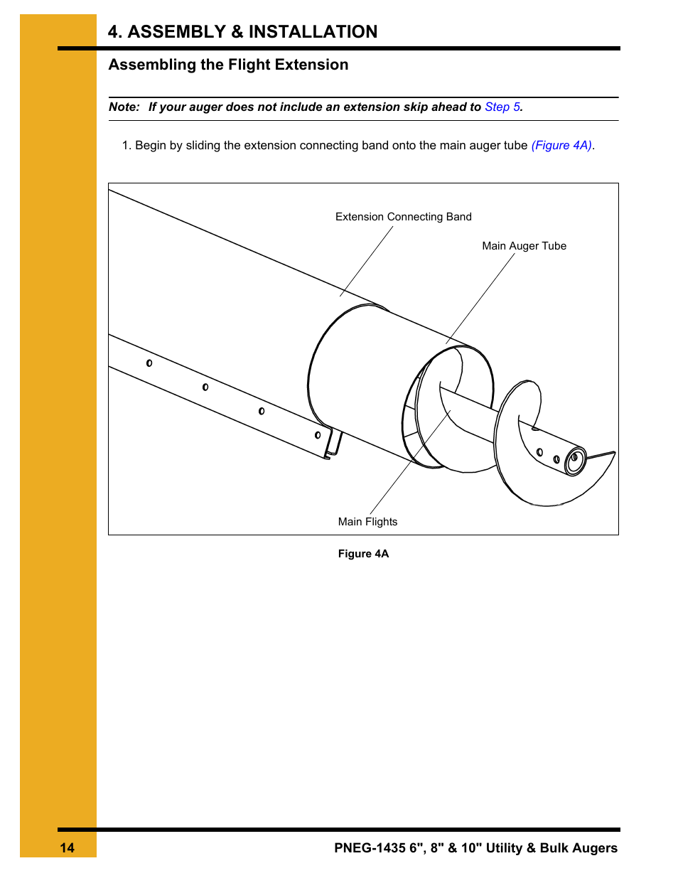 Assembly & installation, Chapter 4 assembly & installation, Assembling the flight extension | Grain Systems Custom, Utility and Bulk Tank Augers PNEG-1435 User Manual | Page 14 / 52