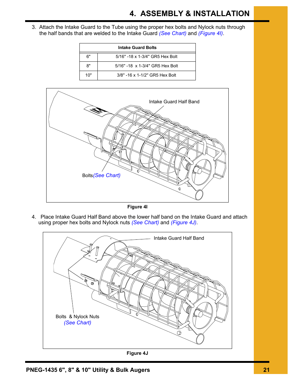 See chart), Assembly & installation | Grain Systems Custom, Utility and Bulk Tank Augers PNEG-1435 User Manual | Page 21 / 52