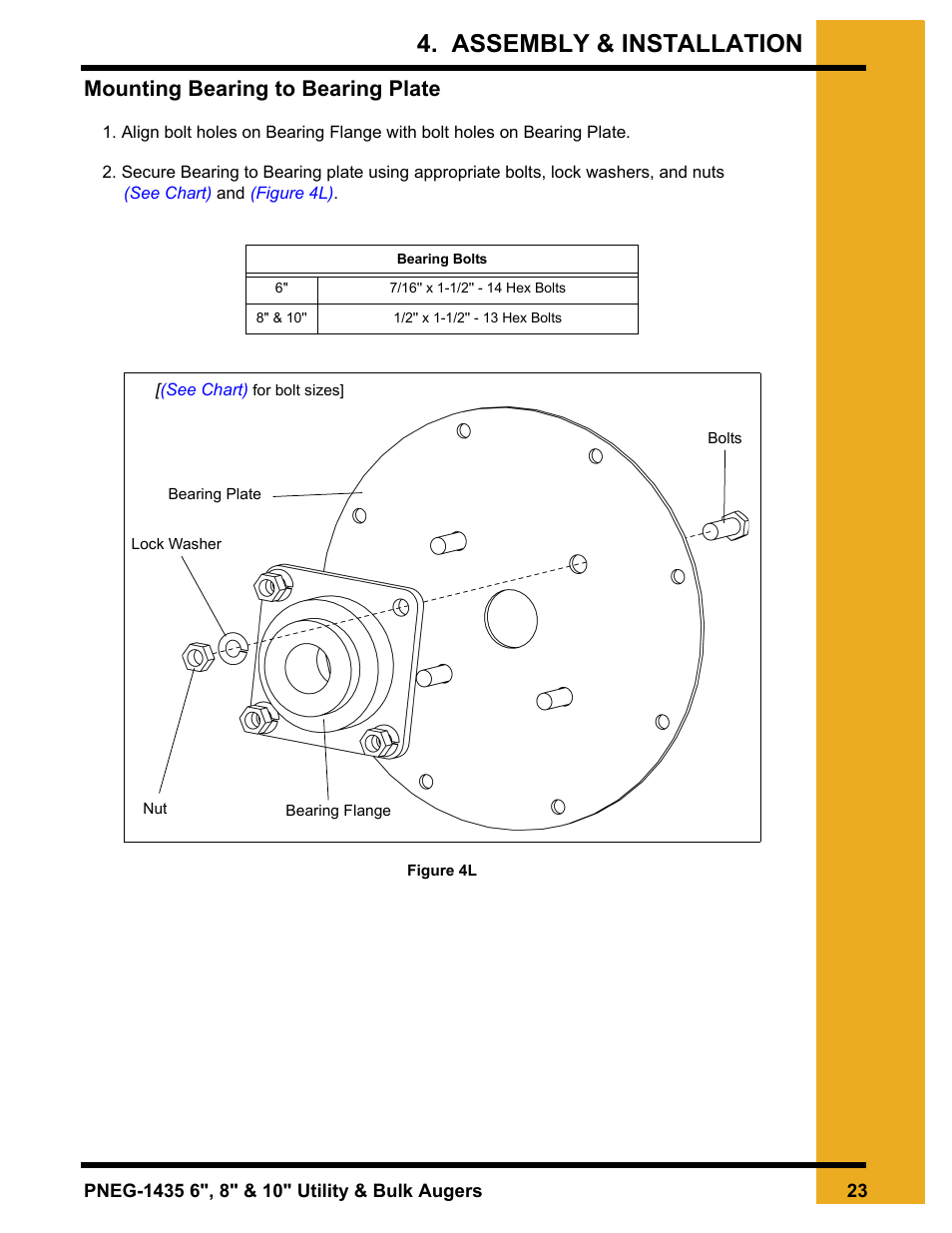 Mounting bearing to bearing plate, Assembly & installation | Grain Systems Custom, Utility and Bulk Tank Augers PNEG-1435 User Manual | Page 23 / 52