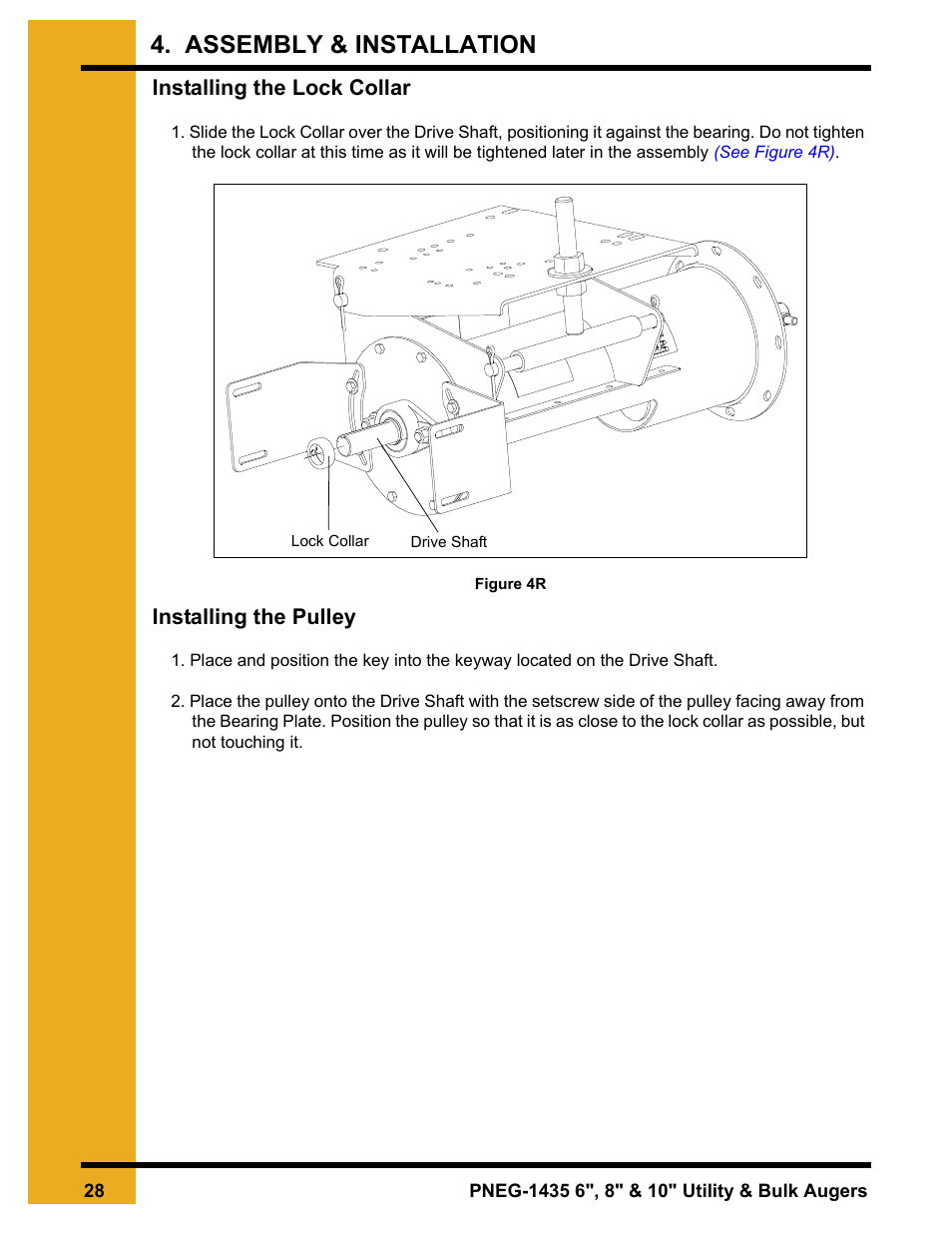 Installing the lock collar installing the pulley, Assembly & installation | Grain Systems Custom, Utility and Bulk Tank Augers PNEG-1435 User Manual | Page 28 / 52