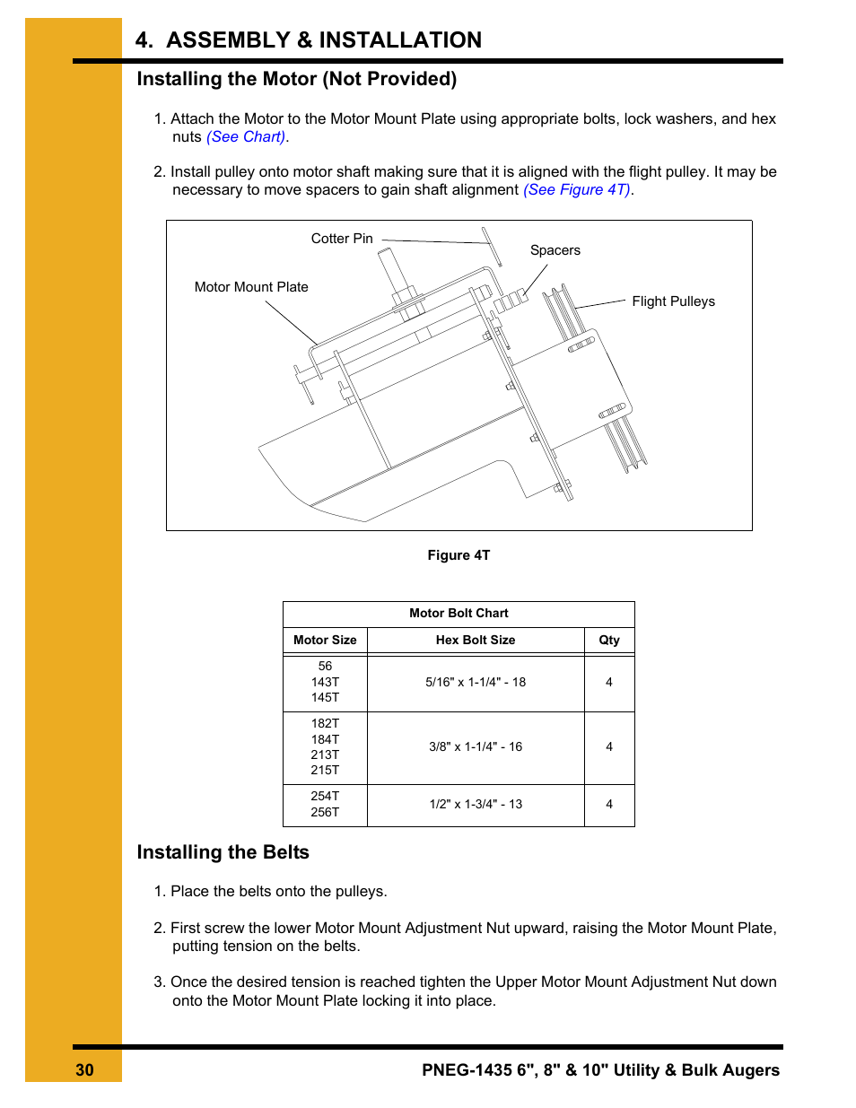 Assembly & installation, Installing the motor (not provided), Installing the belts | Grain Systems Custom, Utility and Bulk Tank Augers PNEG-1435 User Manual | Page 30 / 52