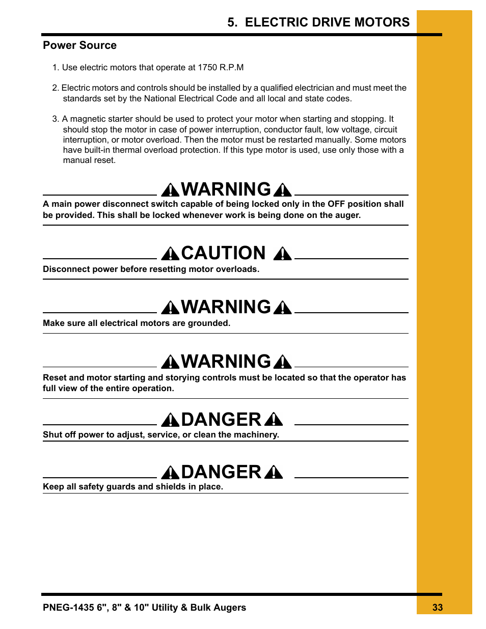 Power source, Warning caution warning warning danger danger | Grain Systems Custom, Utility and Bulk Tank Augers PNEG-1435 User Manual | Page 33 / 52