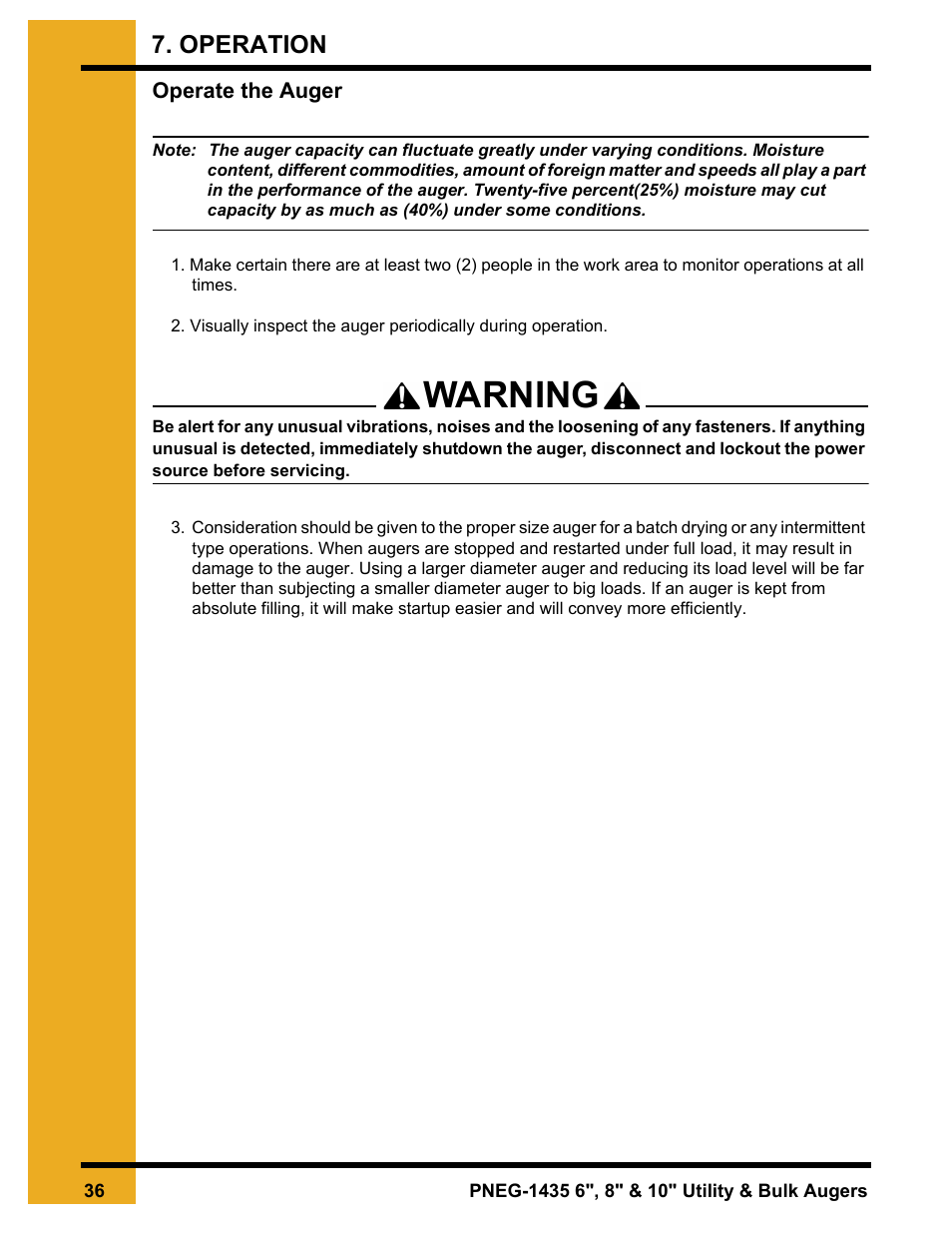 Operation, Chapter 7 operation, Operate the auger | Warning | Grain Systems Custom, Utility and Bulk Tank Augers PNEG-1435 User Manual | Page 36 / 52