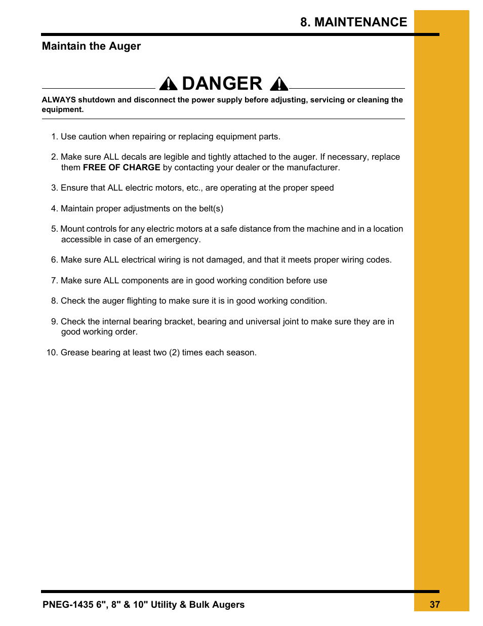 Maintenance, Chapter 8 maintenance, Maintain the auger | Danger | Grain Systems Custom, Utility and Bulk Tank Augers PNEG-1435 User Manual | Page 37 / 52
