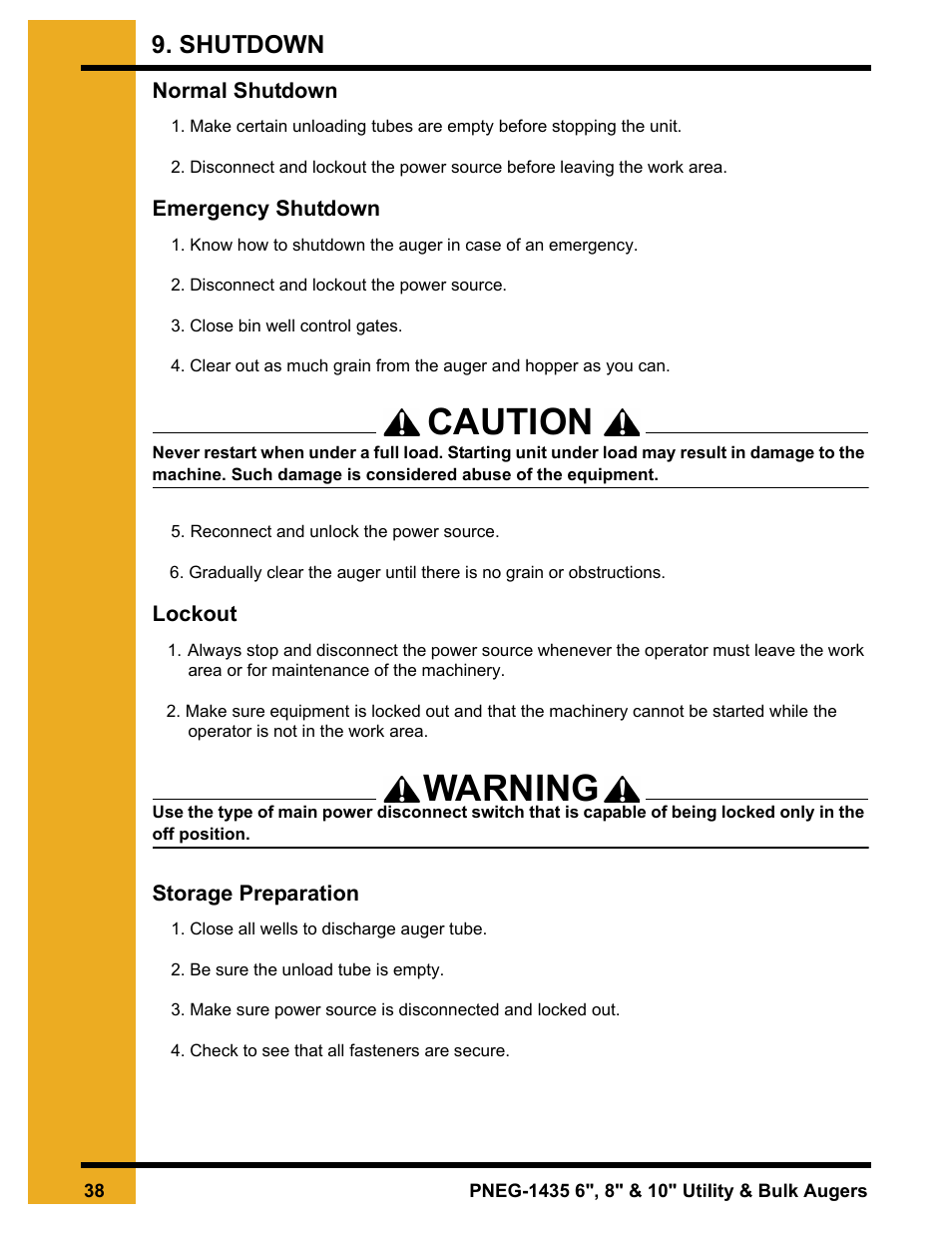 Shutdown, Chapter 9 shutdown, Caution warning | Grain Systems Custom, Utility and Bulk Tank Augers PNEG-1435 User Manual | Page 38 / 52
