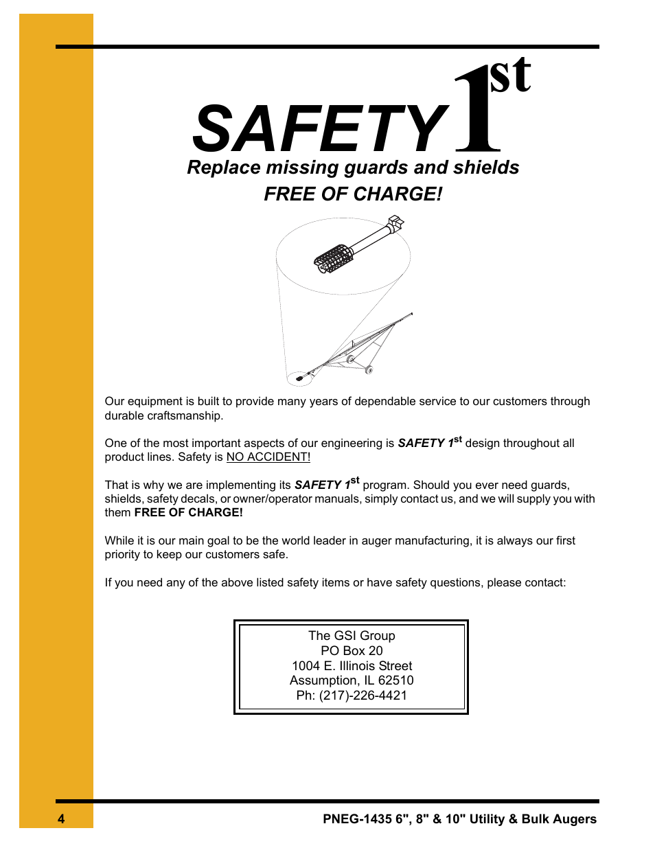 Safety, Replace missing guards and shields free of charge | Grain Systems Custom, Utility and Bulk Tank Augers PNEG-1435 User Manual | Page 4 / 52