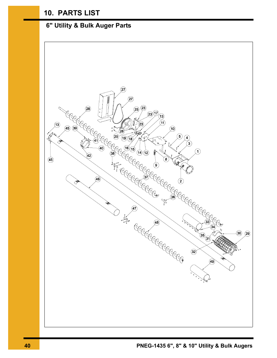 6" utility & bulk auger parts, Parts list | Grain Systems Custom, Utility and Bulk Tank Augers PNEG-1435 User Manual | Page 40 / 52