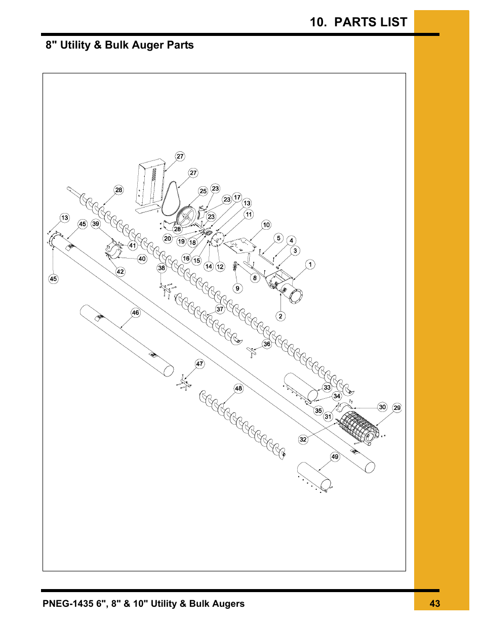 8" utility & bulk auger parts, Parts list | Grain Systems Custom, Utility and Bulk Tank Augers PNEG-1435 User Manual | Page 43 / 52