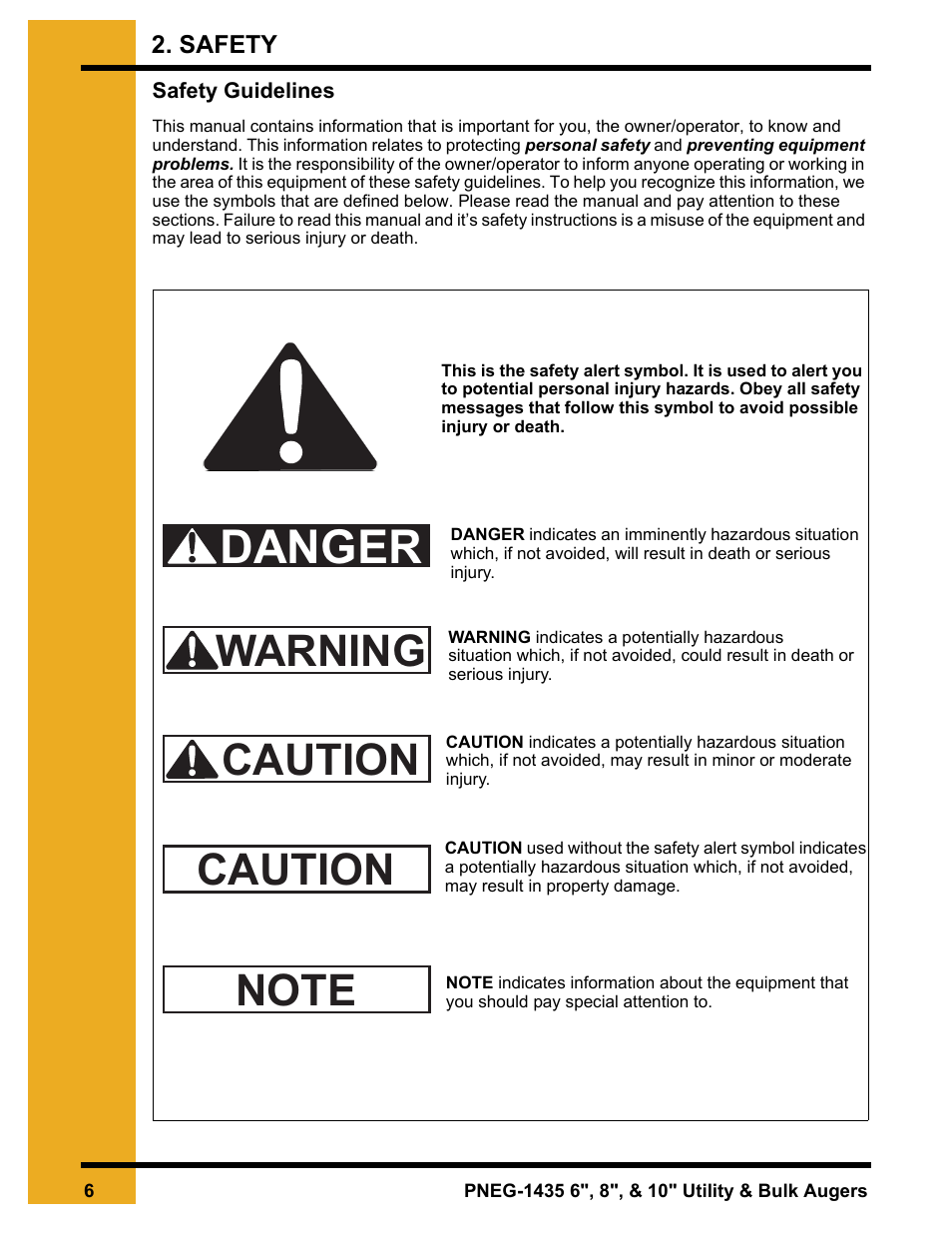 Safety, Chapter 2 safety, Safety guidelines | Danger | Grain Systems Custom, Utility and Bulk Tank Augers PNEG-1435 User Manual | Page 6 / 52