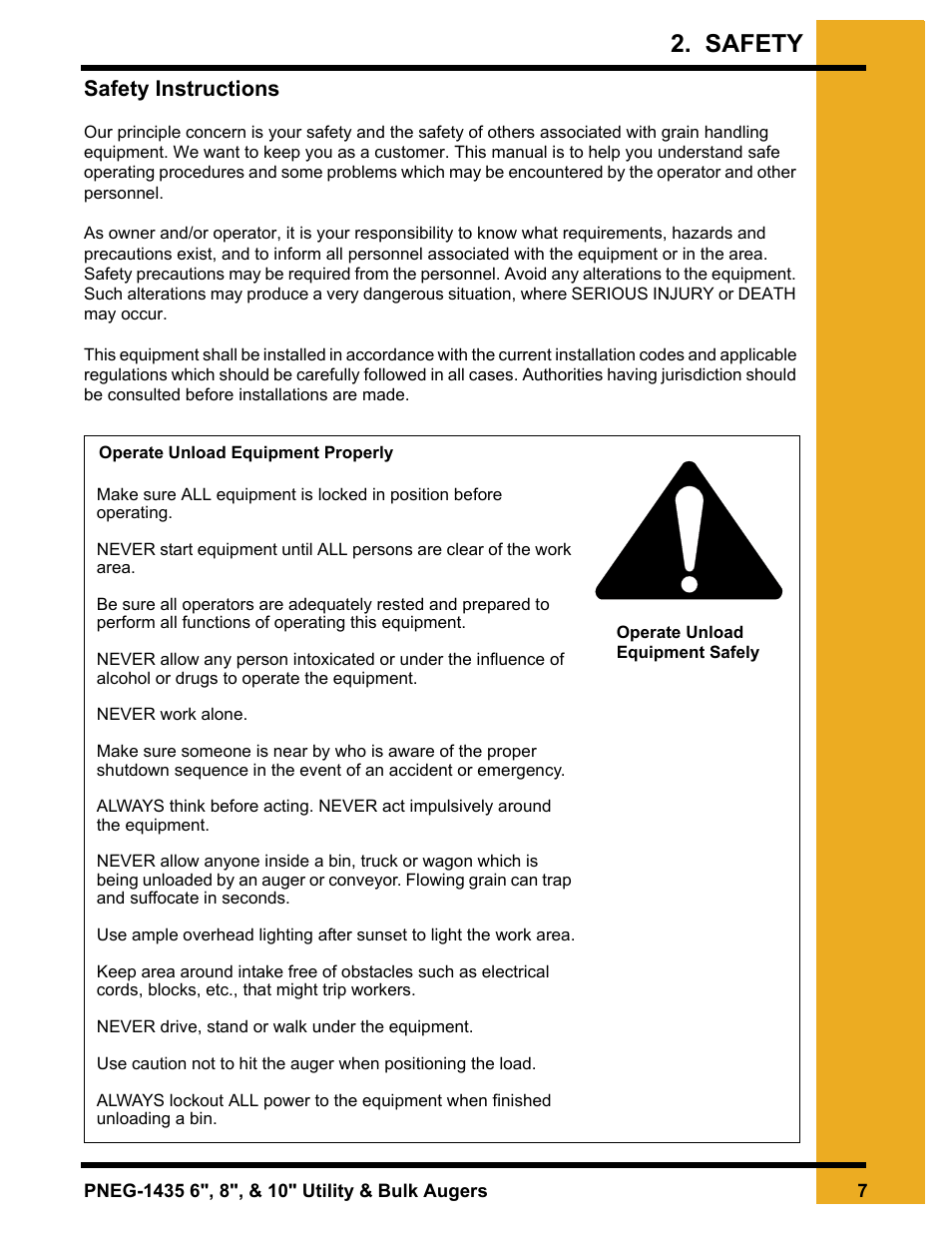 Safety instructions, Safety | Grain Systems Custom, Utility and Bulk Tank Augers PNEG-1435 User Manual | Page 7 / 52