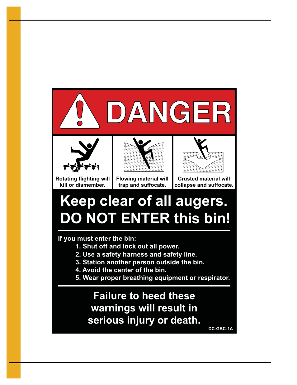 Keep clear of all augers. do not enter this bin | Grain Systems Tanks PNEG-1094 User Manual | Page 12 / 58