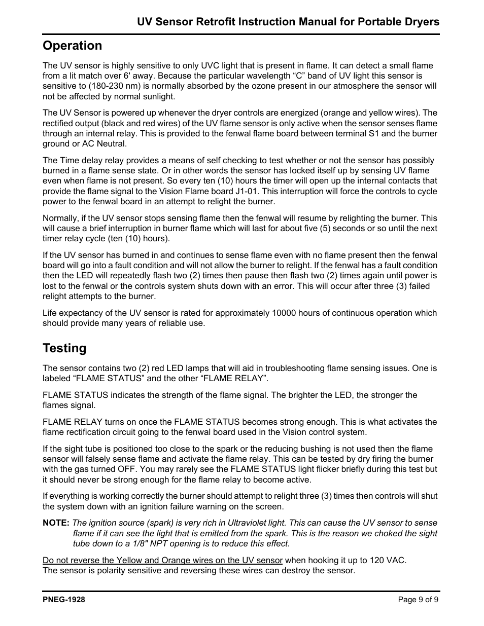 Operation, Testing | Grain Systems PNEG-1928 User Manual | Page 9 / 9