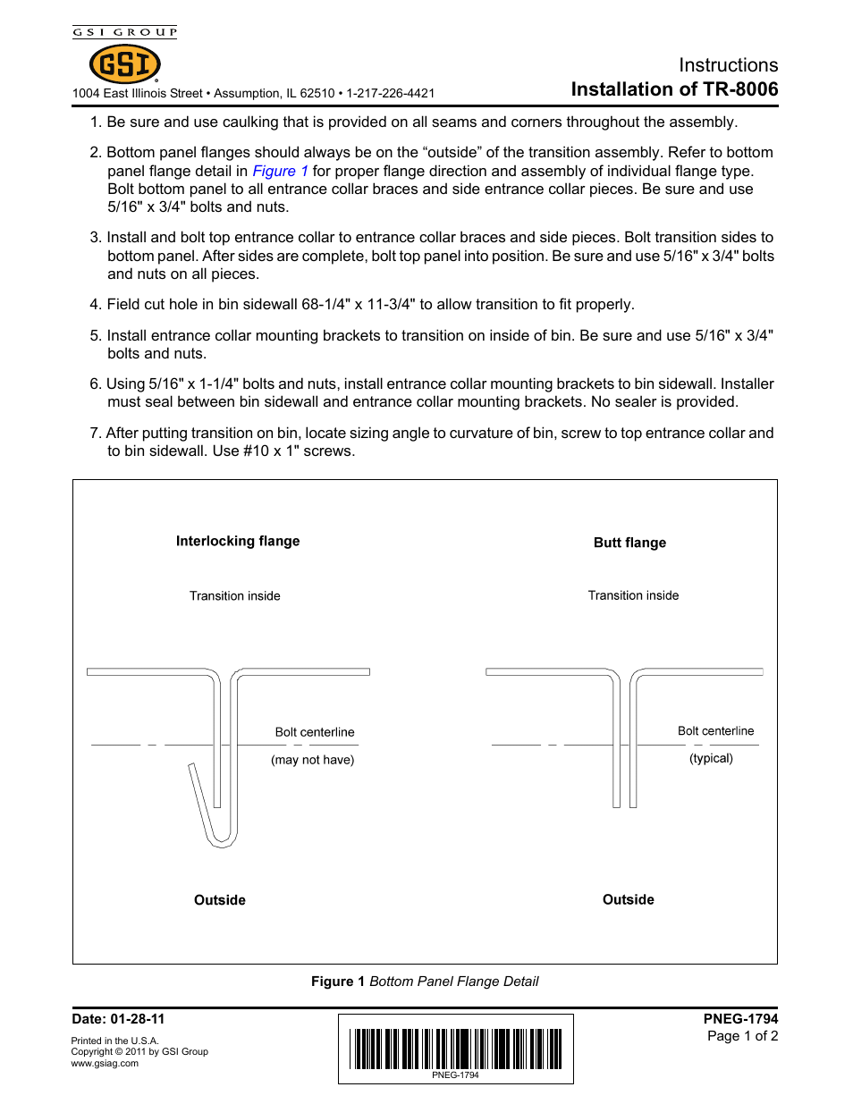 Grain Systems Bin Accessories PNEG-1794 User Manual | 2 pages