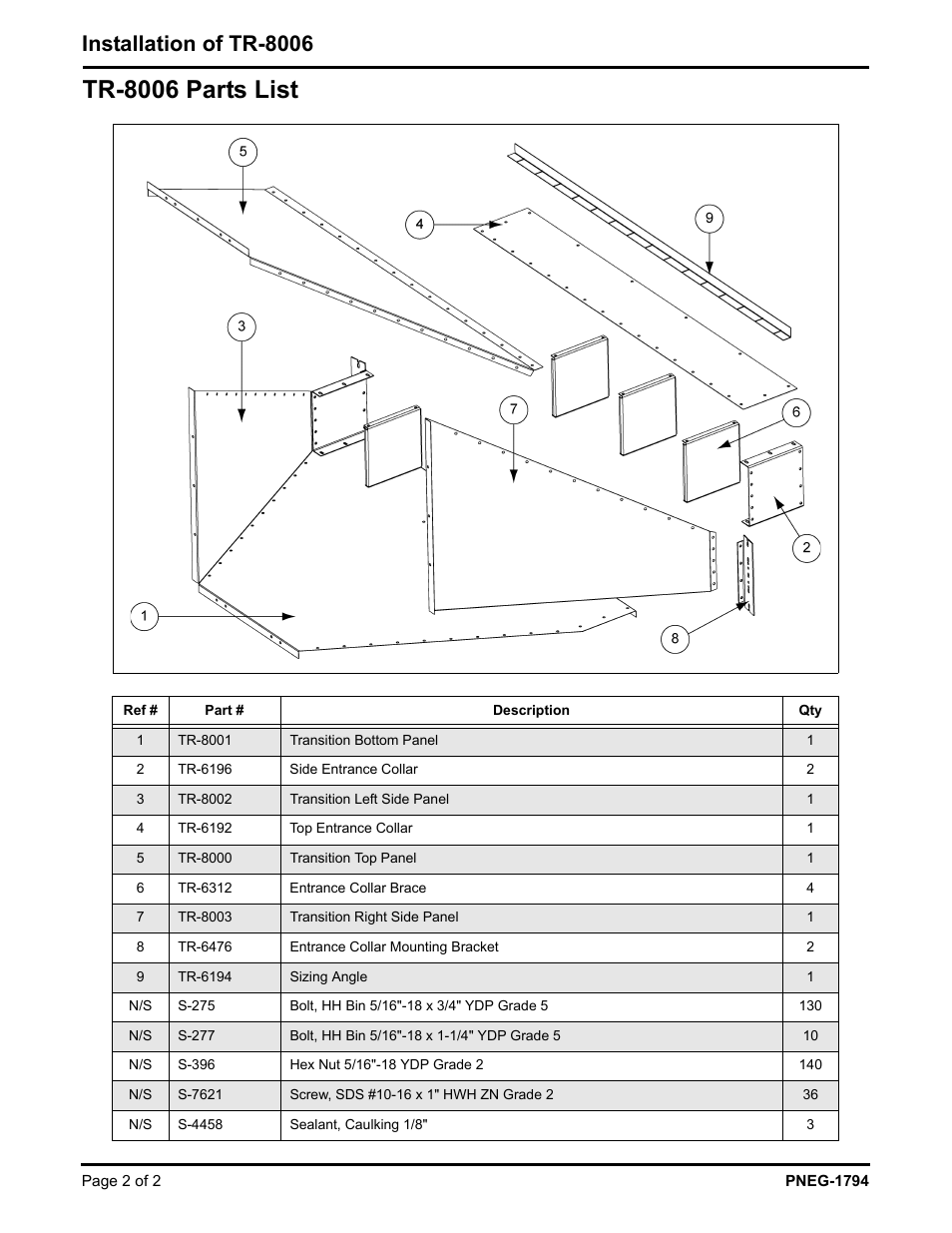 Tr-8006 parts list, Installation of tr-8006 | Grain Systems Bin Accessories PNEG-1794 User Manual | Page 2 / 2