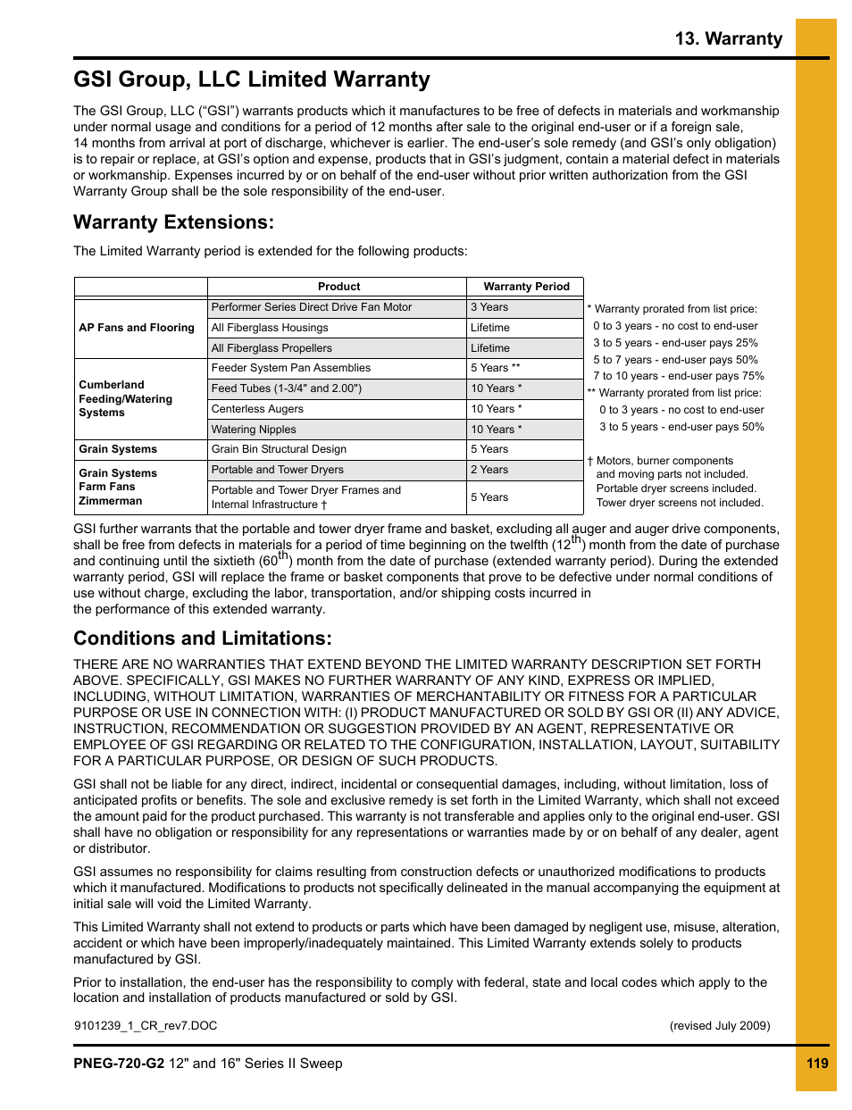 Warranty, Gsi group, llc limited warranty, Warranty extensions | Conditions and limitations | Grain Systems Bucket Elevtors, Conveyors, Series II Sweeps PNEG-720-G2 User Manual | Page 119 / 120