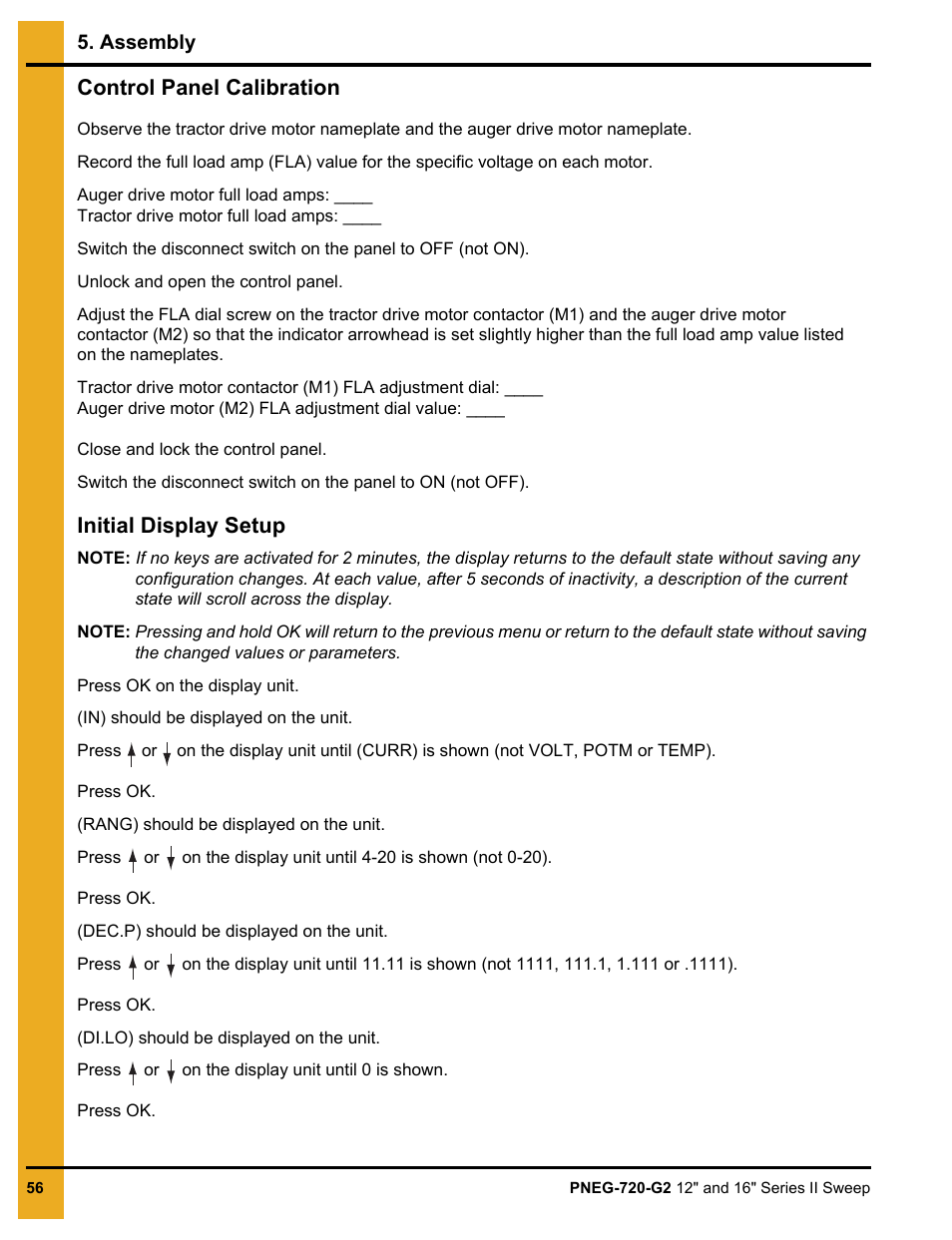 Control panel calibration, Initial display setup | Grain Systems Bucket Elevtors, Conveyors, Series II Sweeps PNEG-720-G2 User Manual | Page 56 / 120