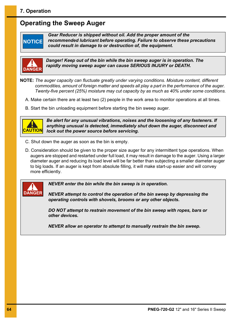 Operation, Chapter 7 operation, Operating the sweep auger | Grain Systems Bucket Elevtors, Conveyors, Series II Sweeps PNEG-720-G2 User Manual | Page 64 / 120