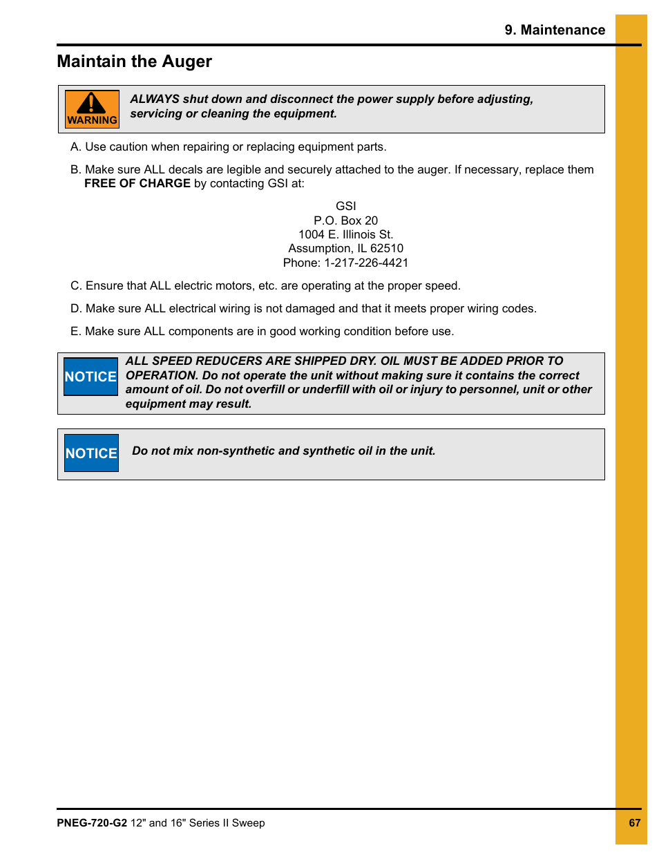 Maintenance, Chapter 9 maintenance, Maintain the auger | Grain Systems Bucket Elevtors, Conveyors, Series II Sweeps PNEG-720-G2 User Manual | Page 67 / 120