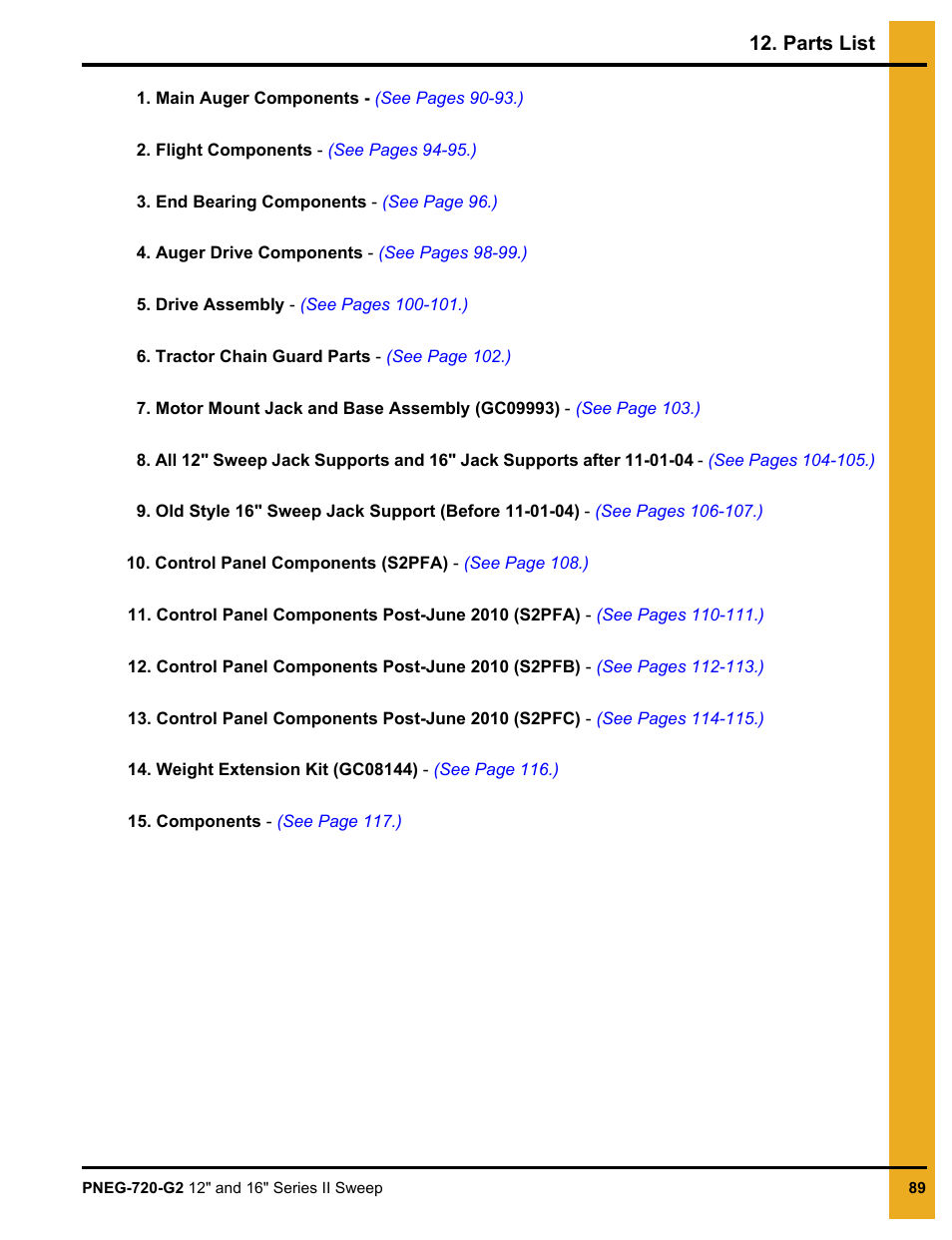 Parts list, Chapter 12 parts list | Grain Systems Bucket Elevtors, Conveyors, Series II Sweeps PNEG-720-G2 User Manual | Page 89 / 120