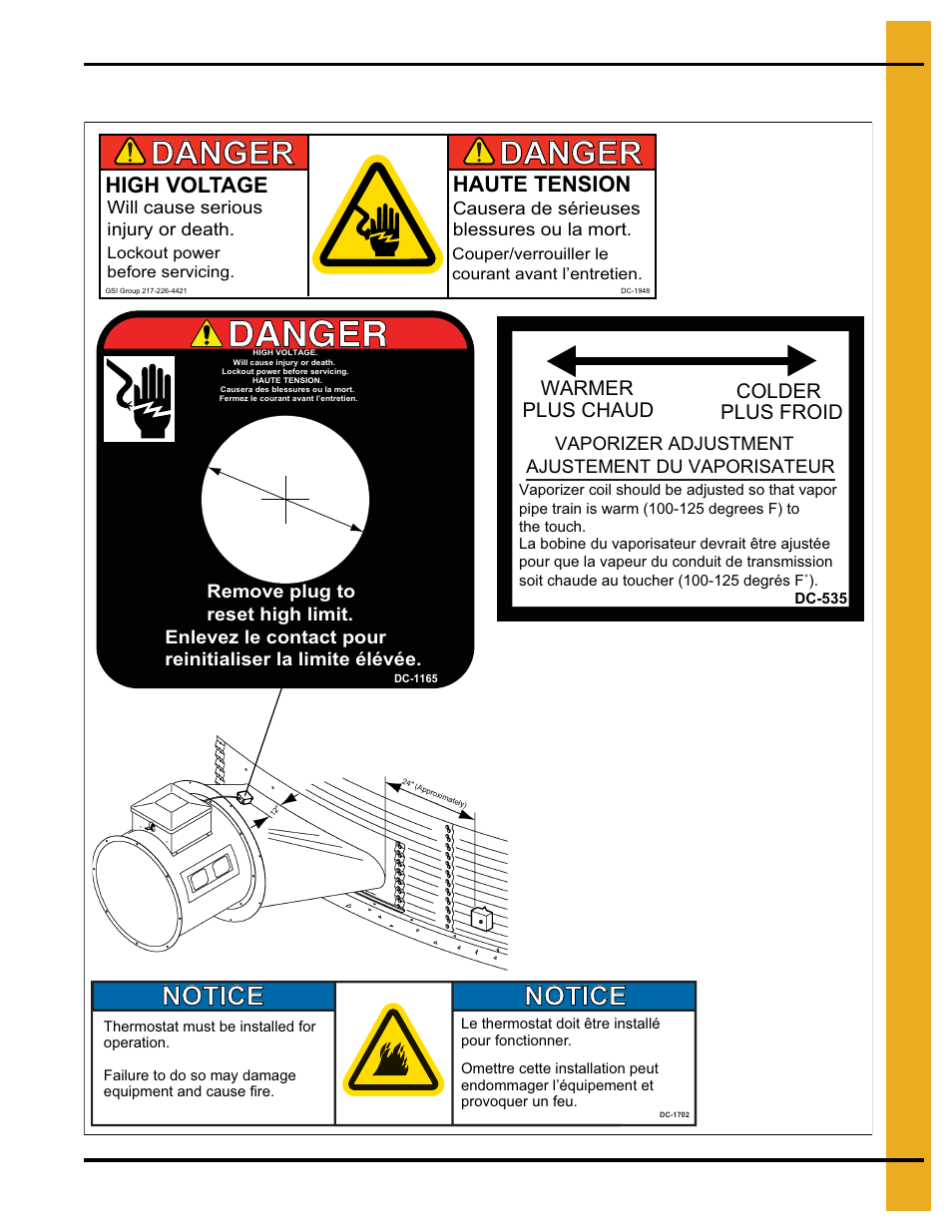 Control box decals, Danger, Notice | High voltage, Haute tension | Grain Systems PNEG-1775 User Manual | Page 11 / 42