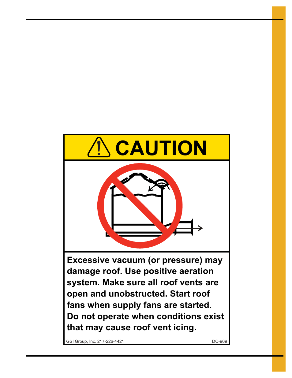 Safety decals, Chapter 3 safety decals, Roof damage warning and disclaimer | Caution | Grain Systems PNEG-1775 User Manual | Page 9 / 42