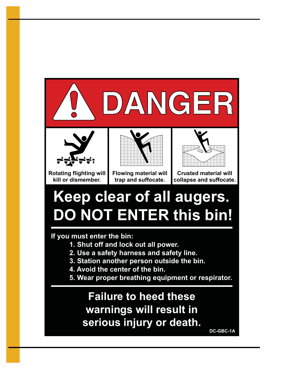 Keep clear of all augers. do not enter this bin | Grain Systems Bin Accessories PNEG-1738 User Manual | Page 12 / 54