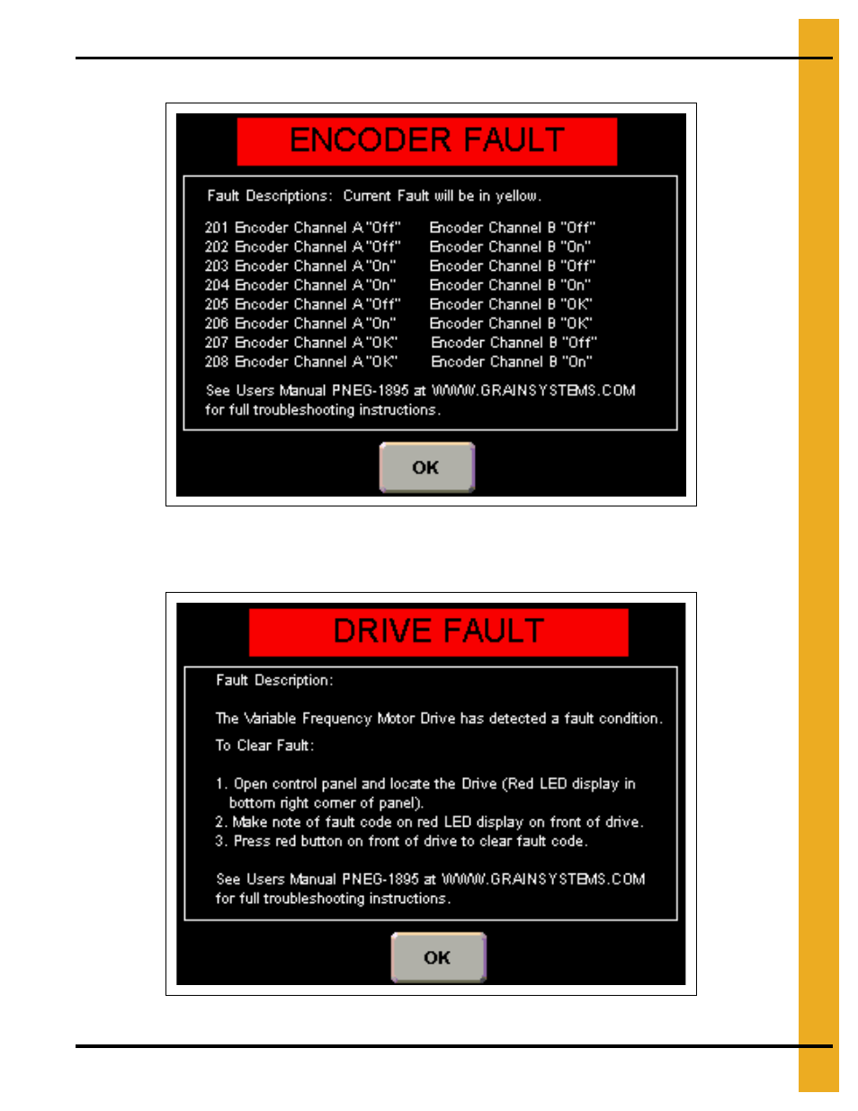 Encoder fault screen, Drive fault screen | Grain Systems Bucket Elevtors, Conveyors, Series II Sweeps PNEG-1895 User Manual | Page 33 / 62