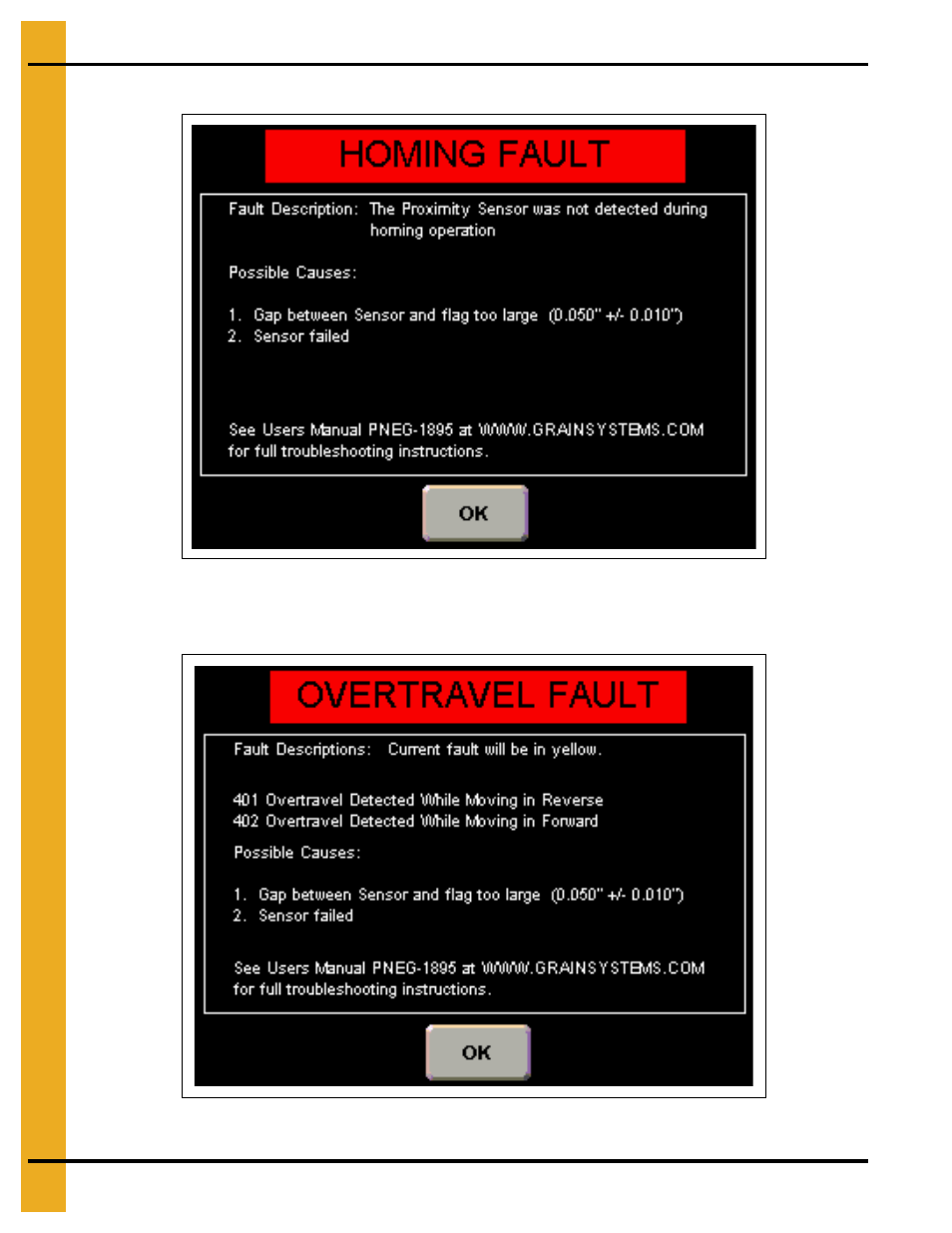 Dure, Homing fault screen, Overtravel fault screen | Grain Systems Bucket Elevtors, Conveyors, Series II Sweeps PNEG-1895 User Manual | Page 34 / 62