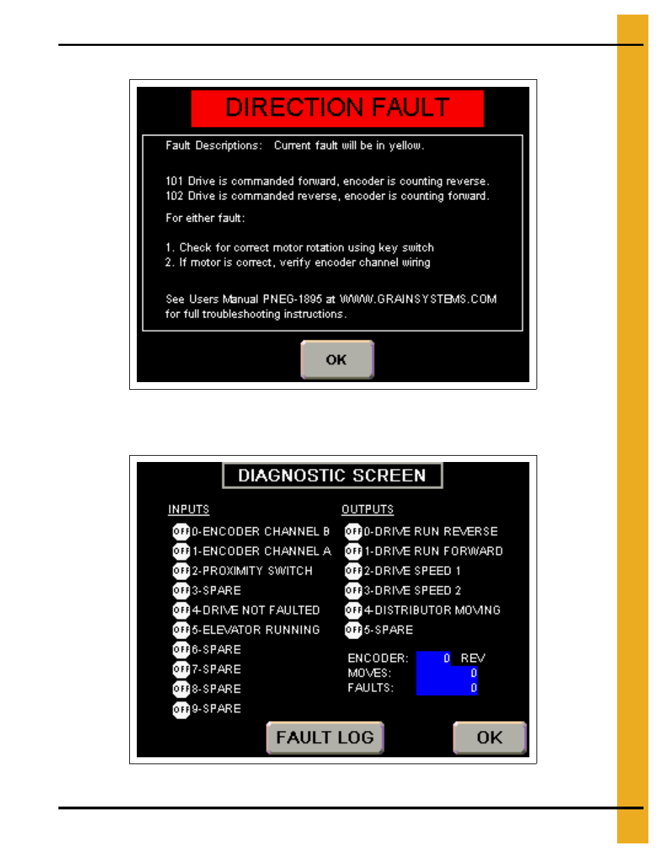 Direction fault screen, Diagnostic screen | Grain Systems Bucket Elevtors, Conveyors, Series II Sweeps PNEG-1895 User Manual | Page 35 / 62