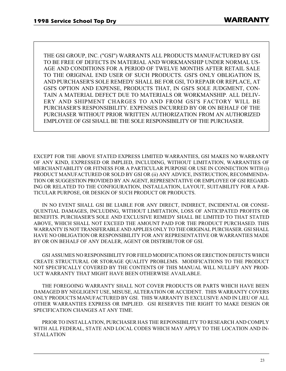 Warranty | Grain Systems PNEG-692 User Manual | Page 23 / 24