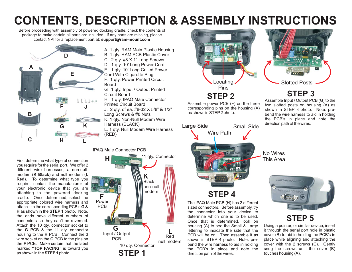 Contents, description & assembly instructions, Fg h k l | RAM Mount RAM iPaq PDA Powered Docking User Manual | Page 2 / 2