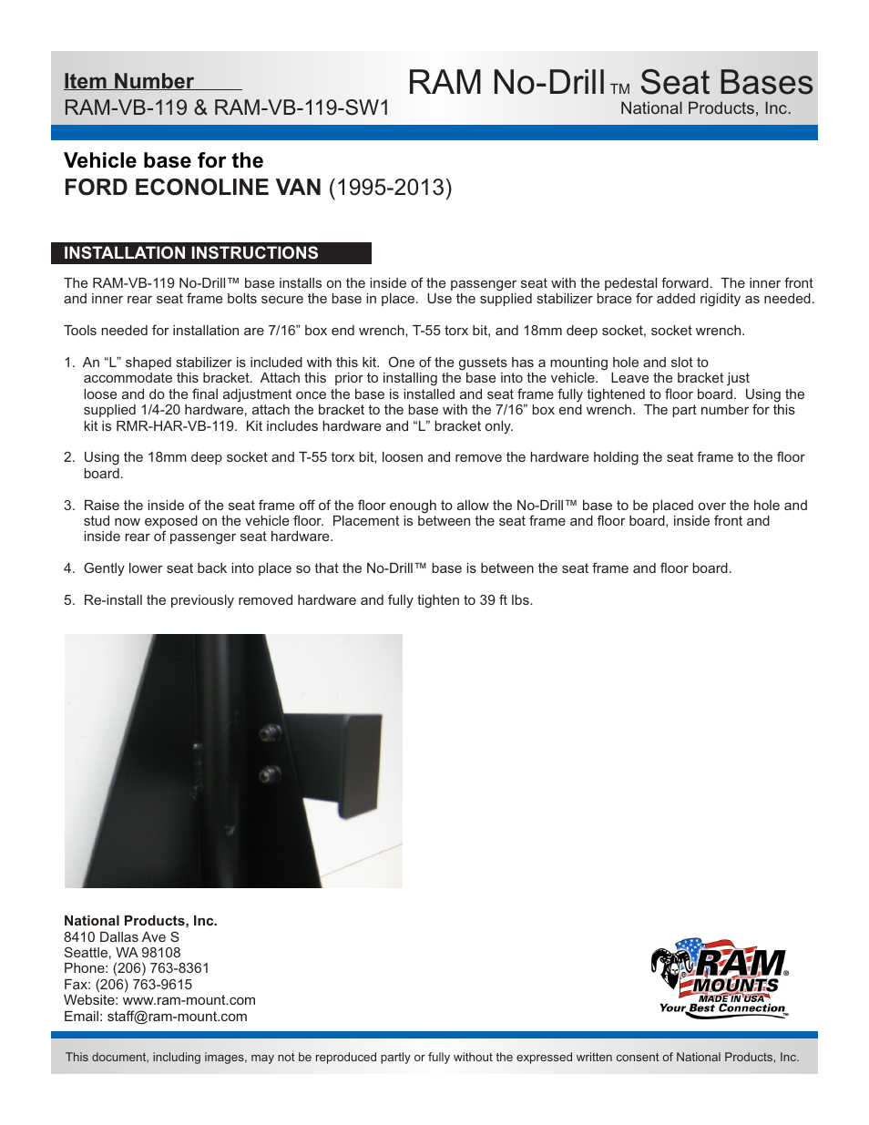 Ram no-drill, Seat bases, Vehicle base for the | Features | RAM Mount RAM-VB-119-SW1 User Manual | Page 2 / 2