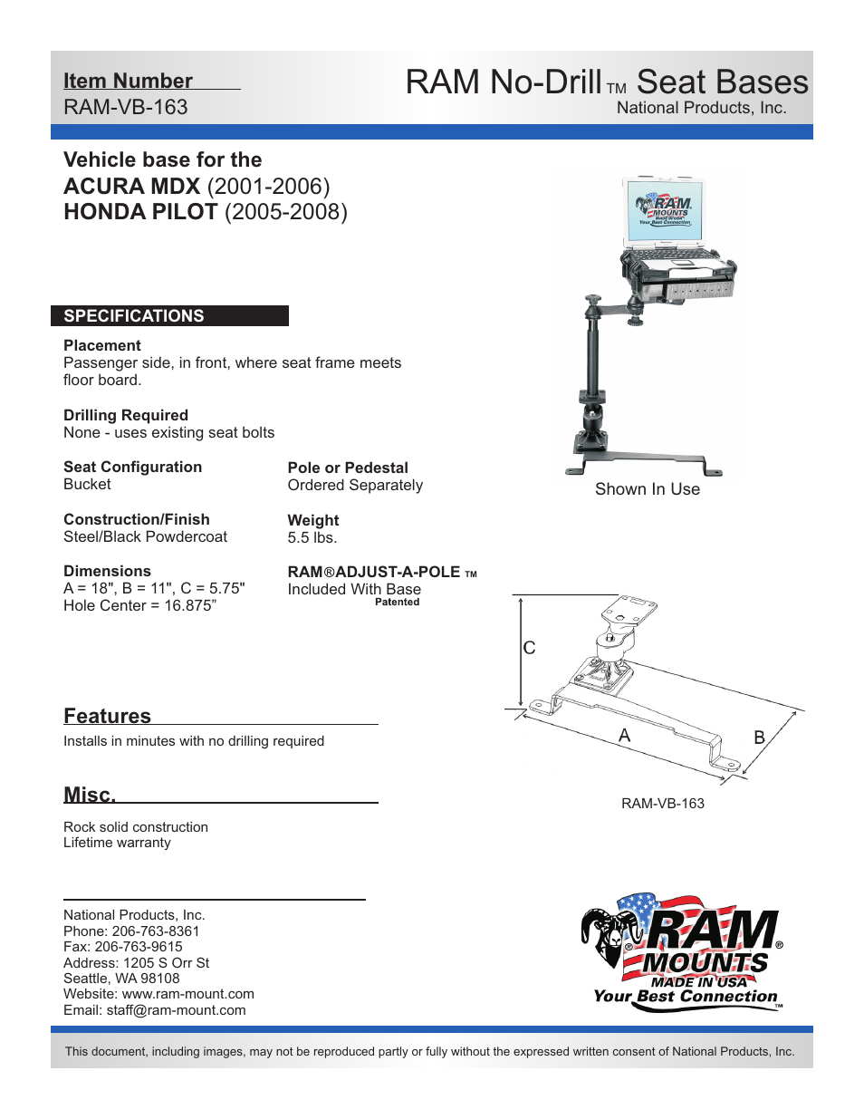 RAM Mount RAM-VB-163-SW1 User Manual | 2 pages