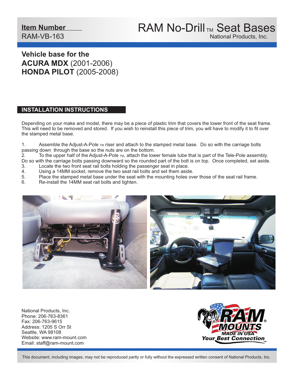 Ram no-drill, Seat bases, Vehicle base for the | Item number ram-vb-163 | RAM Mount RAM-VB-163-SW1 User Manual | Page 2 / 2