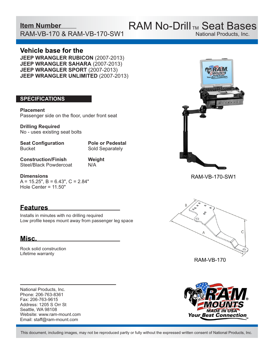 RAM Mount RAM-VB-170-SW1 User Manual | 2 pages