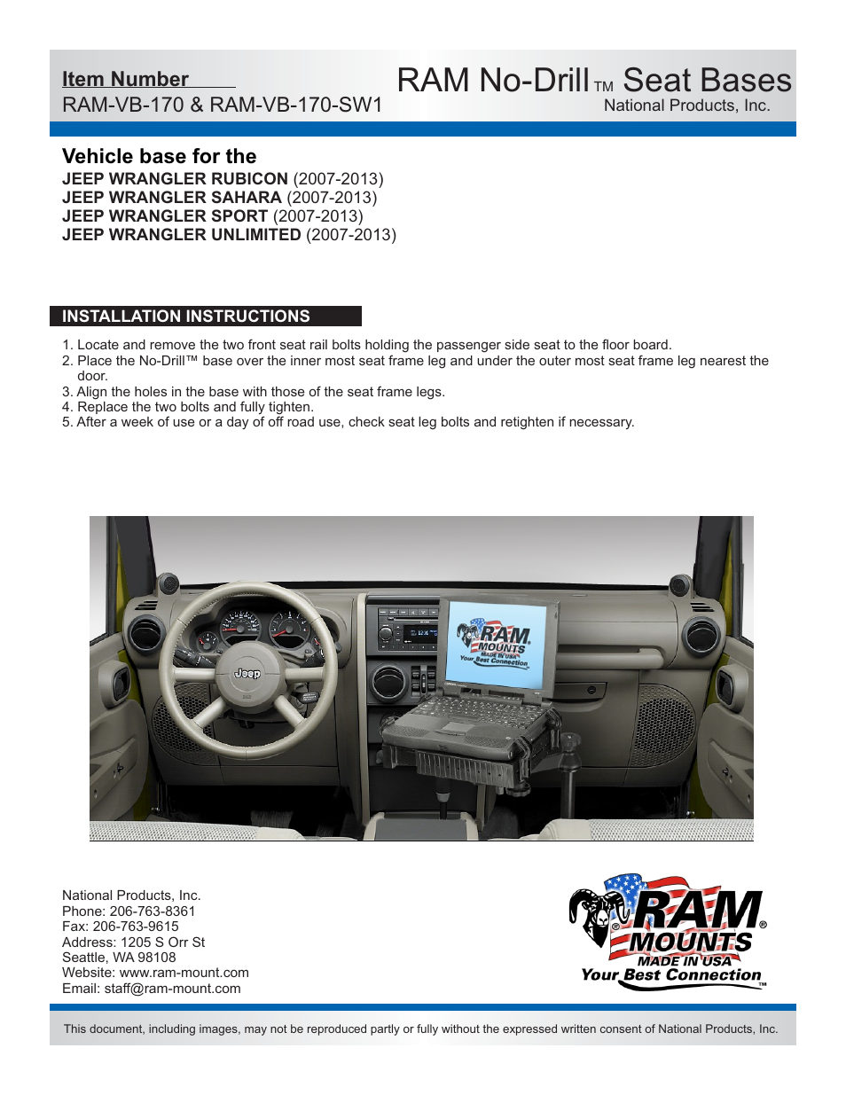 Ram no-drill, Seat bases | RAM Mount RAM-VB-170-SW1 User Manual | Page 2 / 2