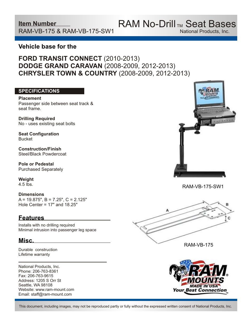 RAM Mount RAM-VB-175-SW1 User Manual | 2 pages